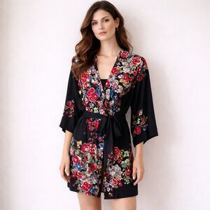 Flora Nikrooz Black Floral Kimono Robe Lounge Comfy Romantic Whimsigoth Sz Large